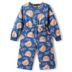 Babyhug Cotton Knit Full Sleeves Jumpsuit with Bear Print - Blue