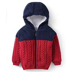 Babyhug Knit Full Sleeves Fur Lined Hooded Sweater With Cable Knit Design - Red