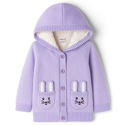 Babyhug Knitted Full Raglan Sleeves Hooded Front Open Sweater With Bunny Pockets - Lilac