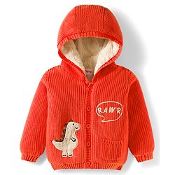 Babyhug Knit Full Sleeves Front Open Hooded Sweater with Dino Embroidery - Orange