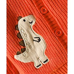 Babyhug Knit Full Sleeves Front Open Hooded Sweater with Dino Embroidery - Orange