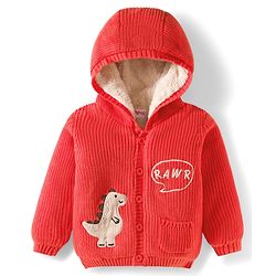 Babyhug Knit Full Sleeves Front Open Hooded Sweater with Dino Embroidery - Orange