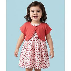 Babyhug Cotton Woven Half Sleeves Floral Printed Frock With Jacket - Red & White