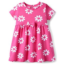Babyhug Single Jersey Knit Half Sleeves Floral & Heart Printed Frocks With Bow Applique Pack of 2 - Pink & Navy Blue
