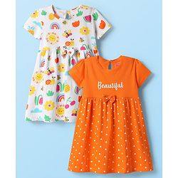 Babyhug Single Jersey Knit Half Sleeves Frocks with Butterfly & Polka Dots Print Pack of 2 - Orange & White