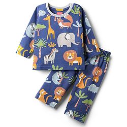 Babyhug Single Jersey Knit Full Sleeves T-Shirt & Lounge Pant Co-Ord Set With Animal Print - Navy Blue
