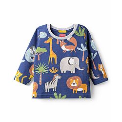 Babyhug Single Jersey Knit Full Sleeves T-Shirt & Lounge Pant Co-Ord Set With Animal Print - Navy Blue