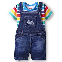 Babyhug Single Jersey Denim Dungaree & Half Sleeves Striped T-Shirt with Text Embroidery - Navy Blue