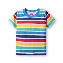 Babyhug Single Jersey Denim Dungaree & Half Sleeves Striped T-Shirt with Text Embroidery - Navy Blue