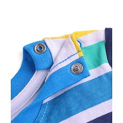 Babyhug Single Jersey Denim Dungaree & Half Sleeves Striped T-Shirt with Text Embroidery - Navy Blue