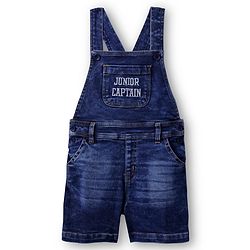Babyhug Single Jersey Denim Dungaree & Half Sleeves Striped T-Shirt with Text Embroidery - Navy Blue
