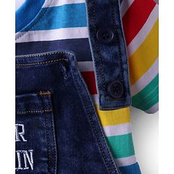 Babyhug Single Jersey Denim Dungaree & Half Sleeves Striped T-Shirt with Text Embroidery - Navy Blue