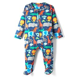 Babyhug Cotton Knit Full Sleeves Footed Sleepsuit with Animal Print - Navy Blue