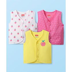 Babyhug 100% Cotton Cambric Woven Front Open Sleeveless Jhabla with Fruit Print Pack of 3 - Yellow Pink & White