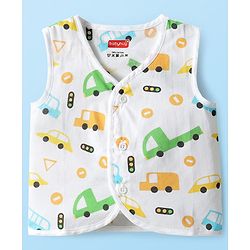 Babyhug 100% Cotton Cambric Woven Sleeveless Front Open Jhablas With Stripes & Vehicle Print Pack of 3 - Orange White & Yellow