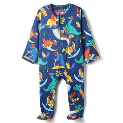 Babyhug Cotton Knit Full Sleeves Footed Sleepsuit With Dino Print - Navy Blue