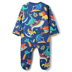 Babyhug Cotton Knit Full Sleeves Footed Sleepsuit With Dino Print - Navy Blue