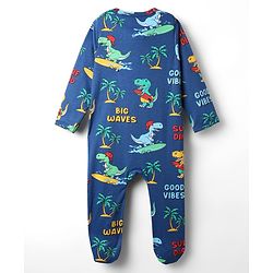 Babyhug Cotton Knit Full Sleeves Footed Sleepsuit With Dino Print - Navy Blue