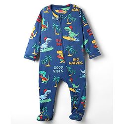 Babyhug Cotton Knit Full Sleeves Footed Sleepsuit With Dino Print - Navy Blue
