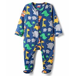 Babyhug Cotton Knit Full Sleeves Footed Sleepsuit with Animal Print - Navy Blue