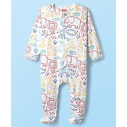 Babyhug Cotton Knit Full Sleeves Footed Sleepsuit With Animal Print - White