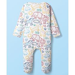 Babyhug Cotton Knit Full Sleeves Footed Sleepsuit With Animal Print - White