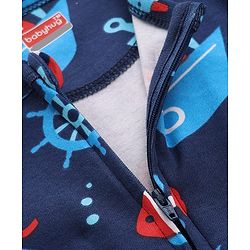 Babyhug Cotton Knit Full Sleeves Footed Sleepsuit With Nautical Theme Print - Navy Blue