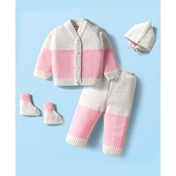 Babyhug Knit Full Sleeves Color Blocked Front Open Sweater Set with Pair of Mittens & Cap - Pink & White