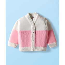 Babyhug Knit Full Sleeves Color Blocked Front Open Sweater Set with Pair of Mittens & Cap - Pink & White