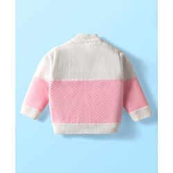 Babyhug Knit Full Sleeves Color Blocked Front Open Sweater Set with Pair of Mittens & Cap - Pink & White