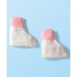 Babyhug Knit Full Sleeves Color Blocked Front Open Sweater Set with Pair of Mittens & Cap - Pink & White