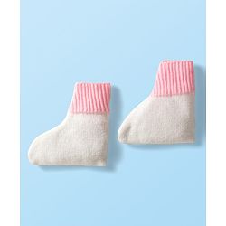 Babyhug Knit Full Sleeves Color Blocked Front Open Sweater Set with Pair of Mittens & Cap - Pink & White