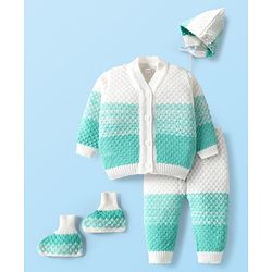 Babyhug Knit Full Sleeves Front Open Sweater Set with Booties & Cap Cable Knit Design - White & Turquoise