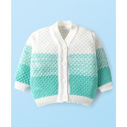 Babyhug Knit Full Sleeves Front Open Sweater Set with Booties & Cap Cable Knit Design - White & Turquoise