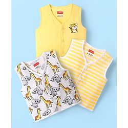 Babyhug 100% Cotton Front Open Sleeveless Jhablas With Stripes & Animal Print Pack Of 3 - Yellow & White