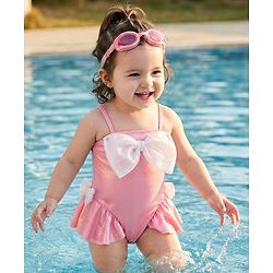 Babyhug Sleeveless Frock Swimsuit With Bow Applique - PInk