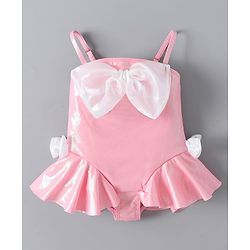 Babyhug Sleeveless Frock Swimsuit With Bow Applique - PInk