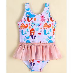 Babyhug Sleeveless Frock Swimsuit With Mermaid Print - Light Blue