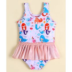 Babyhug Sleeveless Frock Swimsuit With Mermaid Print - Light Blue