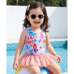 Babyhug Sleeveless Frock Swimsuit With Mermaid Print - Light Blue