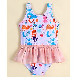 Babyhug Sleeveless Frock Swimsuit With Mermaid Print - Light Blue