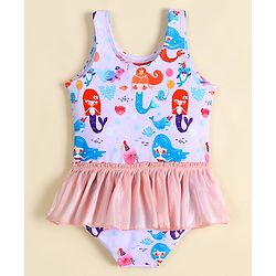 Babyhug Sleeveless Frock Swimsuit With Mermaid Print - Light Blue