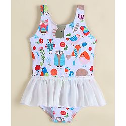 Babyhug Sleeveless Printed Frock Swimsuit -White