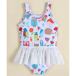 Babyhug Sleeveless Printed Frock Swimsuit -White