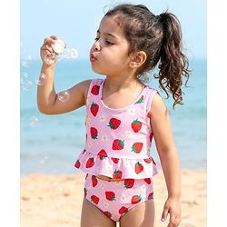 Babyhug Sleeveless Two Piece Swimsuit With Tropical Print - Pink