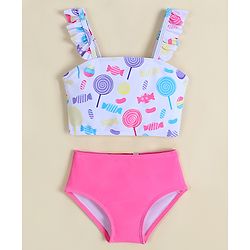 Babyhug Sleeveless Two Piece Swimsuit With Candy Print - White