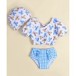 Babyhug Two Piece Swimsuit With Animal Print & Cap - Light Blue
