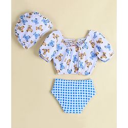 Babyhug Two Piece Swimsuit With Animal Print & Cap - Light Blue