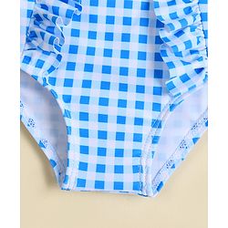 Babyhug Two Piece Swimsuit With Animal Print & Cap - Light Blue