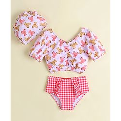 Babyhug Half Sleeves Two Piece Swimsuit With Animal Print - Red